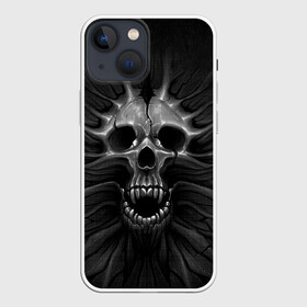 Чехол для iPhone 13 mini с принтом ЧЕРЕП С КЛЫКАМИ в Новосибирске,  |  | dark | death | fear | skelet | skull | байкерам | голова | готика | клыки | кости | крик | оскал | скелет | тьма | ужас | череп | черный