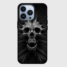 Чехол для iPhone 13 Pro с принтом ЧЕРЕП С КЛЫКАМИ в Новосибирске,  |  | dark | death | fear | skelet | skull | байкерам | голова | готика | клыки | кости | крик | оскал | скелет | тьма | ужас | череп | черный