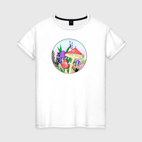 Женская футболка хлопок с принтом Грибы в Новосибирске, 100% хлопок | прямой крой, круглый вырез горловины, длина до линии бедер, слегка спущенное плечо | грибы | закат | мухоморы | растения