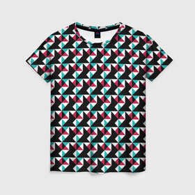 Женская футболка 3D с принтом Красно-черный абстрактный узор в Новосибирске, 100% полиэфир ( синтетическое хлопкоподобное полотно) | прямой крой, круглый вырез горловины, длина до линии бедер | абстрактный | геометрические фигуры | модный | молодежный | ртеугольники | современный