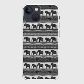 Чехол для iPhone 13 mini с принтом Черно белый узор слоны в Новосибирске,  |  | Тематика изображения на принте: африканский | монохромный узор | орнамент | полосы | серый | серый и черный | слоны | этнический