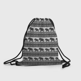 Рюкзак-мешок 3D с принтом Черно-белый узор слоны в Новосибирске, 100% полиэстер | плотность ткани — 200 г/м2, размер — 35 х 45 см; лямки — толстые шнурки, застежка на шнуровке, без карманов и подкладки | Тематика изображения на принте: африканский | монохромный узор | орнамент | полосы | серый | серый и черный | слоны | этнический