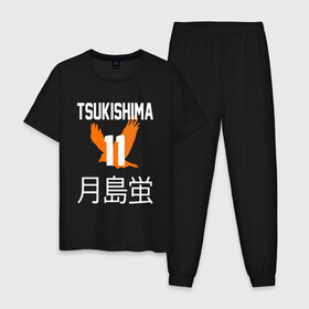 Мужская пижама хлопок с принтом TSUKISHIMA KEI / КЕЙ ЦУКИШИМА в Новосибирске, 100% хлопок | брюки и футболка прямого кроя, без карманов, на брюках мягкая резинка на поясе и по низу штанин
 | Тематика изображения на принте: anime | haikyu | karasuno. | manga | tsukishima kei | аниме | волейбол | герой | карасуно | кей цукишима | манга | персонаж