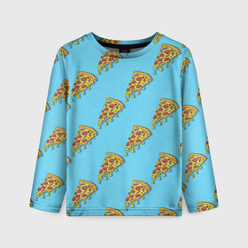 Детский лонгслив 3D с принтом Пицца паттерн на голубом в Новосибирске, 100% полиэстер | длинные рукава, круглый вырез горловины, полуприлегающий силуэт
 | Тематика изображения на принте: еда | итальянская кухня | кусок пиццы | паттерн | пицца | пицца пепперони | пицца с колбасой и сыром | слайс | фаст фуд