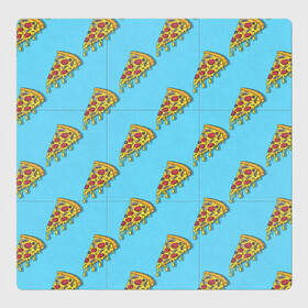 Магнитный плакат 3Х3 с принтом Пицца паттерн на голубом в Новосибирске, Полимерный материал с магнитным слоем | 9 деталей размером 9*9 см | Тематика изображения на принте: еда | итальянская кухня | кусок пиццы | паттерн | пицца | пицца пепперони | пицца с колбасой и сыром | слайс | фаст фуд