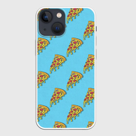 Чехол для iPhone 13 mini с принтом Пицца паттерн на голубом в Новосибирске,  |  | еда | итальянская кухня | кусок пиццы | паттерн | пицца | пицца пепперони | пицца с колбасой и сыром | слайс | фаст фуд
