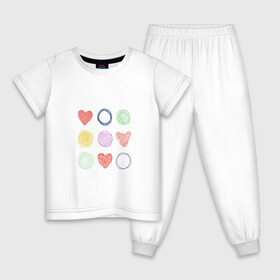 Детская пижама хлопок с принтом Цветные сердца и круги в Новосибирске, 100% хлопок |  брюки и футболка прямого кроя, без карманов, на брюках мягкая резинка на поясе и по низу штанин
 | карандаш | круги | рисование | сердце | узор