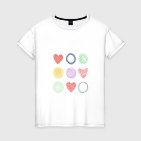 Женская футболка хлопок с принтом Цветные сердца и круги в Новосибирске, 100% хлопок | прямой крой, круглый вырез горловины, длина до линии бедер, слегка спущенное плечо | карандаш | круги | рисование | сердце | узор