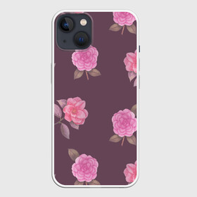 Чехол для iPhone 13 с принтом Камелии на вишневом фоне в Новосибирске,  |  | 8 марта | flowers | march 8 | spring | ботаническая иллюстрация | весна | день рождения | зеленый | камелии | лето | листья | любовь | праздник | принт | природа | растения | розовый | цветы