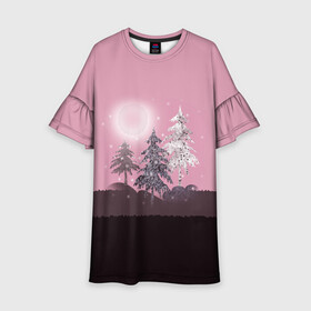 Детское платье 3D с принтом Розовое сияние  в Новосибирске, 100% полиэстер | прямой силуэт, чуть расширенный к низу. Круглая горловина, на рукавах — воланы | елка | ель | зима | коричневый и розовый | лес | луна | мозаика | мозаичный узор | новогодний | розовый | солнце | утро