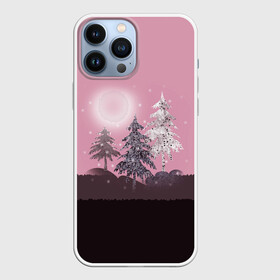 Чехол для iPhone 13 Pro Max с принтом Розовое сияние в Новосибирске,  |  | елка | ель | зима | коричневый и розовый | лес | луна | мозаика | мозаичный узор | новогодний | розовый | солнце | утро