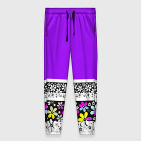 Женские брюки 3D с принтом Яркий фиолетовый цветочный  в Новосибирске, полиэстер 100% | прямой крой, два кармана без застежек по бокам, с мягкой трикотажной резинкой на поясе и по низу штанин. В поясе для дополнительного комфорта — широкие завязки | детский | женский | кайма | лето | разноцветные ромашки | ромашки | фиолетовый | фиолетовый и желтый | цветочный узор | цветы