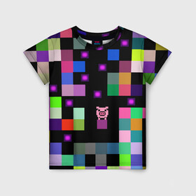 Детская футболка 3D с принтом Arcade Pig в Новосибирске, 100% гипоаллергенный полиэфир | прямой крой, круглый вырез горловины, длина до линии бедер, чуть спущенное плечо, ткань немного тянется | аркада | аркадная игра | мозайка из пикселей | разноцветные квадраты | свинка | свинья на кубе | цифровые кубики