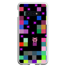 Чехол для Samsung S10E с принтом Arcade Pig в Новосибирске, Силикон | Область печати: задняя сторона чехла, без боковых панелей | аркада | аркадная игра | мозайка из пикселей | разноцветные квадраты | свинка | свинья на кубе | цифровые кубики