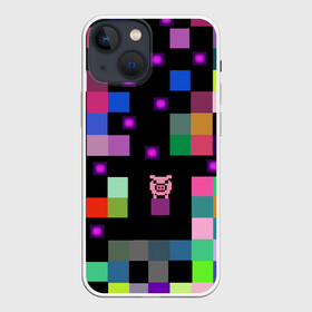 Чехол для iPhone 13 mini с принтом Arcade Pig в Новосибирске,  |  | аркада | аркадная игра | мозайка из пикселей | разноцветные квадраты | свинка | свинья на кубе | цифровые кубики