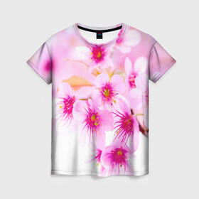 Женская футболка 3D с принтом Весеннее цветение вишни в Новосибирске, 100% полиэфир ( синтетическое хлопкоподобное полотно) | прямой крой, круглый вырез горловины, длина до линии бедер | бутоны | весна | девушкам | красивые | розовые | сакура | цветение | цветы | яблоня