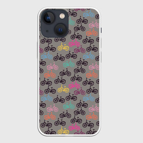 Чехол для iPhone 13 mini с принтом Цветные велосипеды паттерн в Новосибирске,  |  | велосипеды | велоспорт | горные велосипеды | паттерн | спортивные велосипеды | спортивный | цветной принт