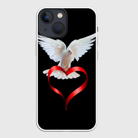 Чехол для iPhone 13 mini с принтом Голубь любви в Новосибирске,  |  | белый | голубь | красивый | ленточка | любовь | сердце