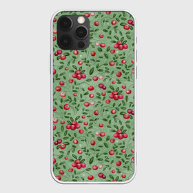 Чехол для iPhone 12 Pro с принтом Клюква на болоте в Новосибирске, силикон | область печати: задняя сторона чехла, без боковых панелей | Тематика изображения на принте: бесшовный паттерн | болото | ботанический | в подарок | для детей | клюква | красный с зеленым | лес | осень | природа | цветной | ягоды | яркий