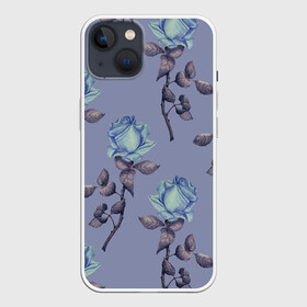 Чехол для iPhone 13 с принтом Голубые розы в Новосибирске,  |  | 8 марта | flowers | march 8 | spring | ботаническая иллюстрация | весна | день рождения | лето | листья | любовь | праздник | принт | природа | растения | роза | фиолетовый | цветы