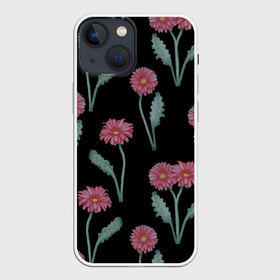 Чехол для iPhone 13 mini с принтом Красные герберы на черном в Новосибирске,  |  | 8 марта | flowers | summer | ботаническая иллюстрация | весна | герберы | зеленый | красный | лето | любовь | праздник | принт | природа | растения | цветы | черный