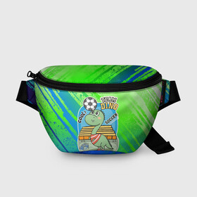 Поясная сумка 3D с принтом Динозаврик футболист в Новосибирске, 100% полиэстер | плотная ткань, ремень с регулируемой длиной, внутри несколько карманов для мелочей, основное отделение и карман с обратной стороны сумки застегиваются на молнию | soccer | дино | динозавр | динозаврик | мячик | футбол