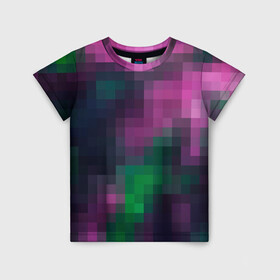 Детская футболка 3D с принтом Разноцветный геометрический уз в Новосибирске, 100% гипоаллергенный полиэфир | прямой крой, круглый вырез горловины, длина до линии бедер, чуть спущенное плечо, ткань немного тянется | абстрактный | геометрический | зеленый | квадраты | клетка | клетчатый узор | молодежный | сиреневый | фиолетовый