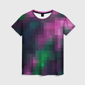 Женская футболка 3D с принтом Разноцветный геометрический уз в Новосибирске, 100% полиэфир ( синтетическое хлопкоподобное полотно) | прямой крой, круглый вырез горловины, длина до линии бедер | абстрактный | геометрический | зеленый | квадраты | клетка | клетчатый узор | молодежный | сиреневый | фиолетовый