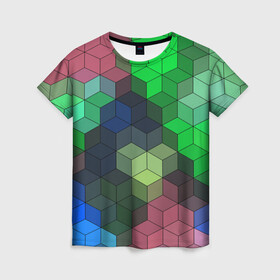 Женская футболка 3D с принтом Разноцветный геометрический уз в Новосибирске, 100% полиэфир ( синтетическое хлопкоподобное полотно) | прямой крой, круглый вырез горловины, длина до линии бедер | абстрактный | зеленый | молодежный | разноцветный узор | ромбы | синий | текстура