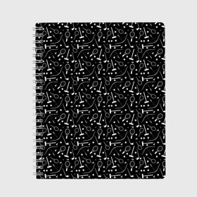 Тетрадь с принтом Черно-белый спортивный узор  в Новосибирске, 100% бумага | 48 листов, плотность листов — 60 г/м2, плотность картонной обложки — 250 г/м2. Листы скреплены сбоку удобной пружинной спиралью. Уголки страниц и обложки скругленные. Цвет линий — светло-серый
 | Тематика изображения на принте: клюшка | лук | молодежный | монохромный | мяч | поло | ракетка | спортивный инвентарь | стрелы