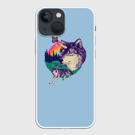 Чехол для iPhone 13 mini с принтом Волк единорог в Новосибирске,  |  | unicorn | бабочка | волки | деревья | детская | единорог | лес | радуга
