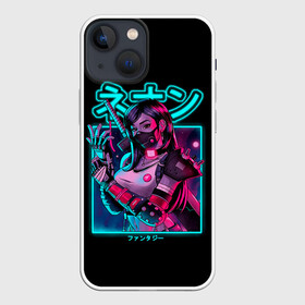 Чехол для iPhone 13 mini с принтом Neon girl в Новосибирске,  |  | anime | girl | hieroglyphs | katana | neon | samurai | аниме | девушка | иероглифы | катана | неон | самурай