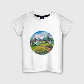 Детская футболка хлопок с принтом Акварельные поля и тропинка в Новосибирске, 100% хлопок | круглый вырез горловины, полуприлегающий силуэт, длина до линии бедер | акварель | деревня | дома | зеленый | круг | лето | поля | рисунок