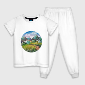 Детская пижама хлопок с принтом Акварельные поля и тропинка в Новосибирске, 100% хлопок |  брюки и футболка прямого кроя, без карманов, на брюках мягкая резинка на поясе и по низу штанин
 | акварель | деревня | дома | зеленый | круг | лето | поля | рисунок