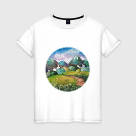 Женская футболка хлопок с принтом Акварельные поля и тропинка в Новосибирске, 100% хлопок | прямой крой, круглый вырез горловины, длина до линии бедер, слегка спущенное плечо | акварель | деревня | дома | зеленый | круг | лето | поля | рисунок