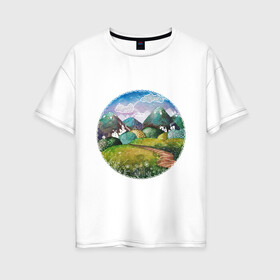 Женская футболка хлопок Oversize с принтом Акварельные поля и тропинка в Новосибирске, 100% хлопок | свободный крой, круглый ворот, спущенный рукав, длина до линии бедер
 | акварель | деревня | дома | зеленый | круг | лето | поля | рисунок