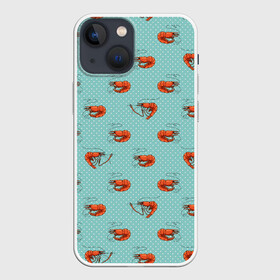 Чехол для iPhone 13 mini с принтом Креветки паттерн в Новосибирске,  |  | sea food | вареные креветки | винтажный стиль | голубо зеленый цвет | горошек | еда | креветки | морепродукты | морские гады | оранжевый | паттерн | цвет тиффани