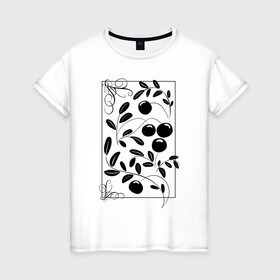 Женская футболка хлопок с принтом Клюква: черный силуэт в Новосибирске, 100% хлопок | прямой крой, круглый вырез горловины, длина до линии бедер, слегка спущенное плечо | ботанический | клюква | листья | орнамент | растительный | силуэт | ягоды