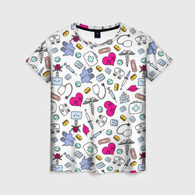 Женская футболка 3D с принтом Медицинский паттерн в Новосибирске, 100% полиэфир ( синтетическое хлопкоподобное полотно) | прямой крой, круглый вырез горловины, длина до линии бедер | врач | доктор | дудл | иллюстрация | медбрат | медицинский | медсестра | паттерн | рисунок | стетоскоп