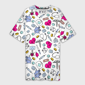 Платье-футболка 3D с принтом Медицинский паттерн в Новосибирске,  |  | врач | доктор | дудл | иллюстрация | медбрат | медицинский | медсестра | паттерн | рисунок | стетоскоп