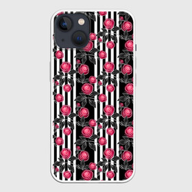 Чехол для iPhone 13 с принтом акварельные розы на полосатом в Новосибирске,  |  | Тематика изображения на принте: акварельные розы | акварельный | красный | красный и черный | полосатый | полосатый черный | полосы | розы | черный