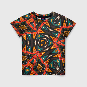 Детская футболка 3D с принтом Абстрактный арабский узор  в Новосибирске, 100% гипоаллергенный полиэфир | прямой крой, круглый вырез горловины, длина до линии бедер, чуть спущенное плечо, ткань немного тянется | Тематика изображения на принте: абстрактный | арабский | восточный | геометрические фигуры | заплатки | коричневый | оранжевый | орнамент | пэчворк | современный
