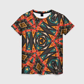 Женская футболка 3D с принтом Абстрактный арабский узор  в Новосибирске, 100% полиэфир ( синтетическое хлопкоподобное полотно) | прямой крой, круглый вырез горловины, длина до линии бедер | абстрактный | арабский | восточный | геометрические фигуры | заплатки | коричневый | оранжевый | орнамент | пэчворк | современный