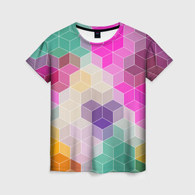 Женская футболка 3D с принтом Абстрактный разноцветный узор  в Новосибирске, 100% полиэфир ( синтетическое хлопкоподобное полотно) | прямой крой, круглый вырез горловины, длина до линии бедер | абстрактный | бирюзовый | бордовый | геометрические фигуры | модный | розовый | ромбы | современный