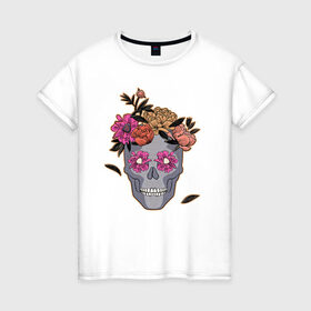 Женская футболка хлопок с принтом День мертвых Мексика в Новосибирске, 100% хлопок | прямой крой, круглый вырез горловины, длина до линии бедер, слегка спущенное плечо | calavera | sugar skull | день мертвых | иллюстрация | калавера | мексика | мексиканская вечеринка | мехико | рисунок | цветы | череп | череп с цветами