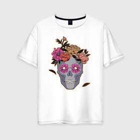 Женская футболка хлопок Oversize с принтом День мертвых Мексика в Новосибирске, 100% хлопок | свободный крой, круглый ворот, спущенный рукав, длина до линии бедер
 | calavera | sugar skull | день мертвых | иллюстрация | калавера | мексика | мексиканская вечеринка | мехико | рисунок | цветы | череп | череп с цветами