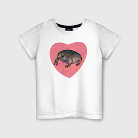 Детская футболка хлопок с принтом Дождевая жаба в сердце в Новосибирске, 100% хлопок | круглый вырез горловины, полуприлегающий силуэт, длина до линии бедер | breviceps fuscus | в сердце | дождевая жаба | животные африканские | звери африки | лягушка | недовольная лягуха | розовое сердце | черная жаба | я люблю жаб | я люблю лягушек