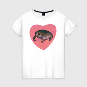 Женская футболка хлопок с принтом Дождевая жаба в сердце в Новосибирске, 100% хлопок | прямой крой, круглый вырез горловины, длина до линии бедер, слегка спущенное плечо | breviceps fuscus | в сердце | дождевая жаба | животные африканские | звери африки | лягушка | недовольная лягуха | розовое сердце | черная жаба | я люблю жаб | я люблю лягушек