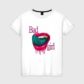 Женская футболка хлопок с принтом Bad girl в Новосибирске, 100% хлопок | прямой крой, круглый вырез горловины, длина до линии бедер, слегка спущенное плечо | губы | девушка | золото | помада | рот