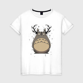 Женская футболка хлопок с принтом Totoro Deer в Новосибирске, 100% хлопок | прямой крой, круглый вырез горловины, длина до линии бедер, слегка спущенное плечо | deer | ghibli | japan | nature | neigbor | neighbour | totoro | анимация | аниме | гибли | друг | животные | лес | милый | мир | миядзаки | мой сосед тоторо | мульт | мультфильм | олень | природа | сосед | тоторо | хаяо | хранитель